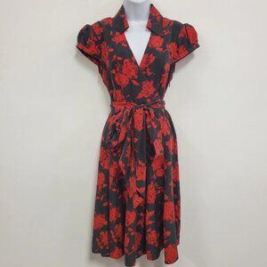 Moda International Womens Silk Witchy Faux Wrap Dress Size 6 Black Knee Length